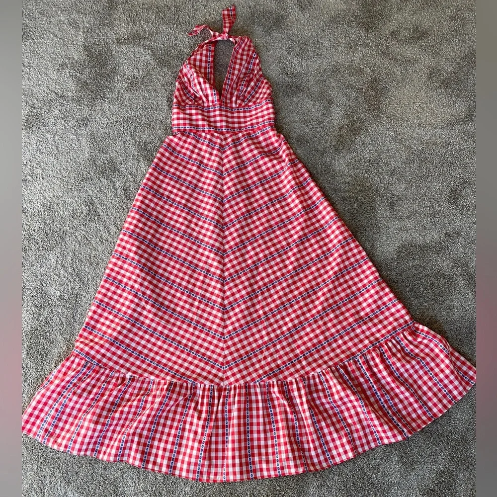 *sold*1970s Vintage LANZ ORIGINALS Red White and Blue Gingham Halter Maxi Dress - Picture 10 of 10